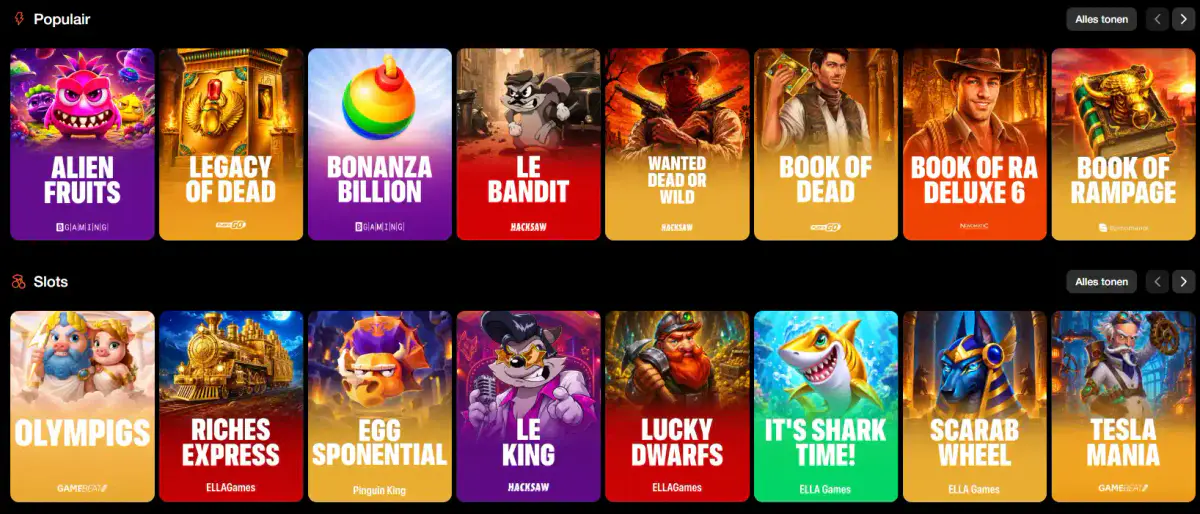 Populaire slots bij Betoranje met Alien Fruits, Legacy of Dead, Bonanza Billion, Le Bandit en Book of Dead